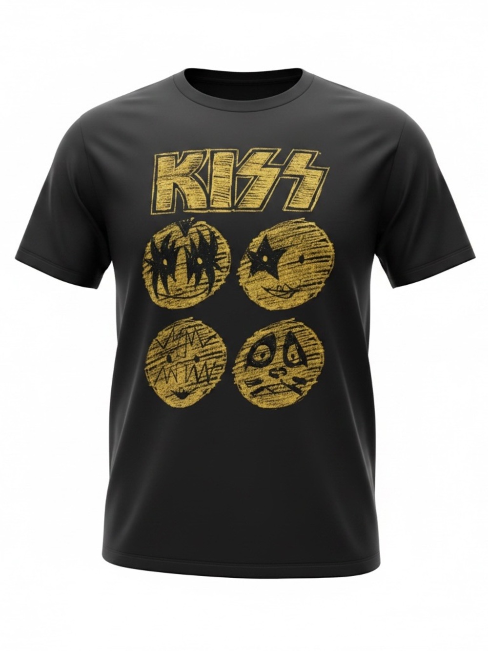 Kiss Black Tee with Distressed Gold Band Faces